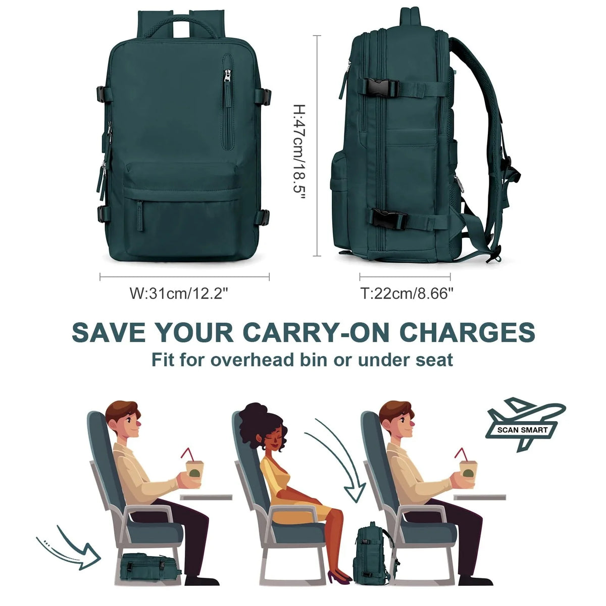 Women's Travel Backpack 35L Water-Repellent USB Charging Port Anti-Theft