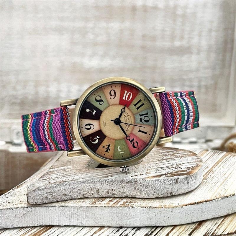 Women's Watch Vintage Bronze Dial Braided Faux Leather Nickel-Free