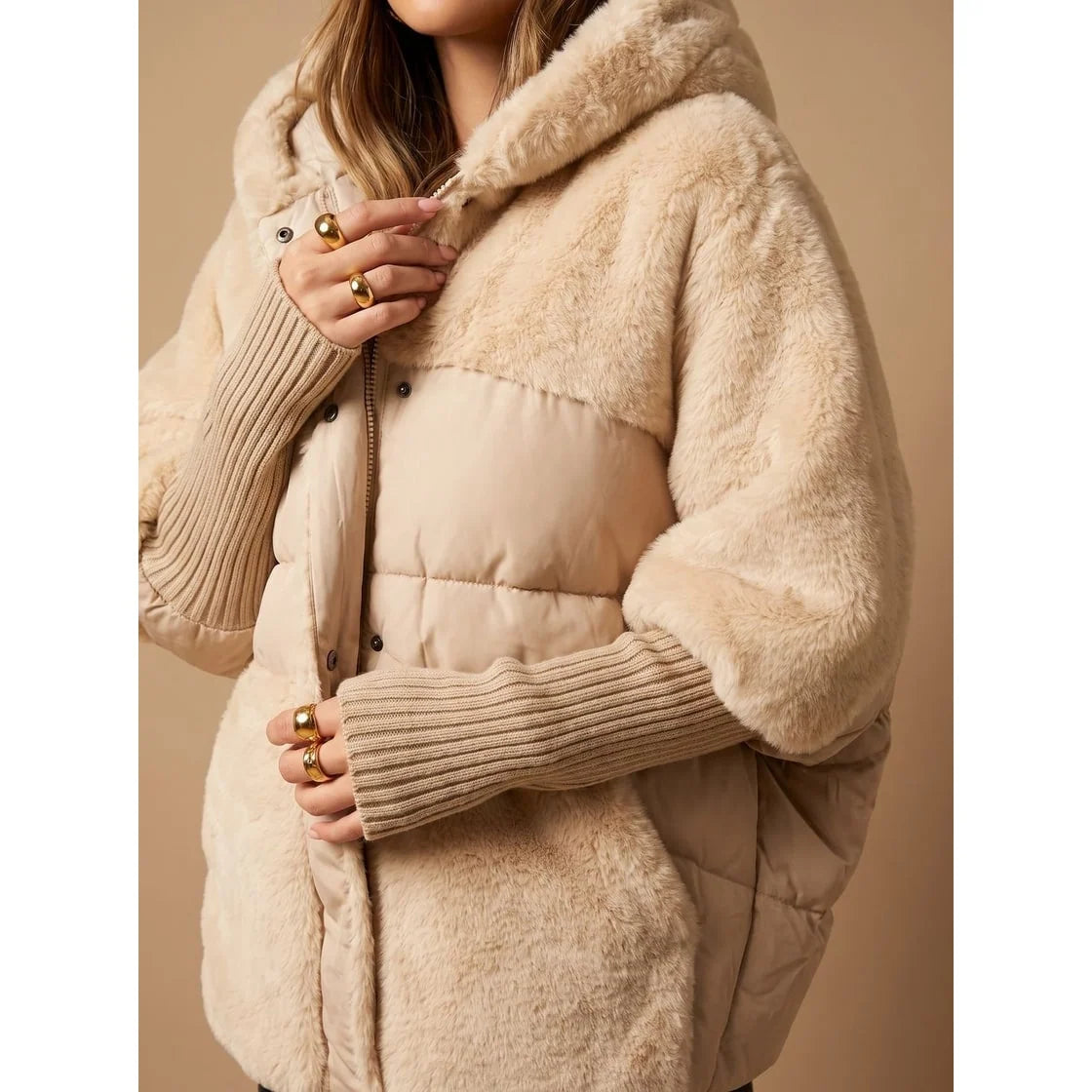 Women's Winter Coat Quilted Puffer Faux Fur Hood