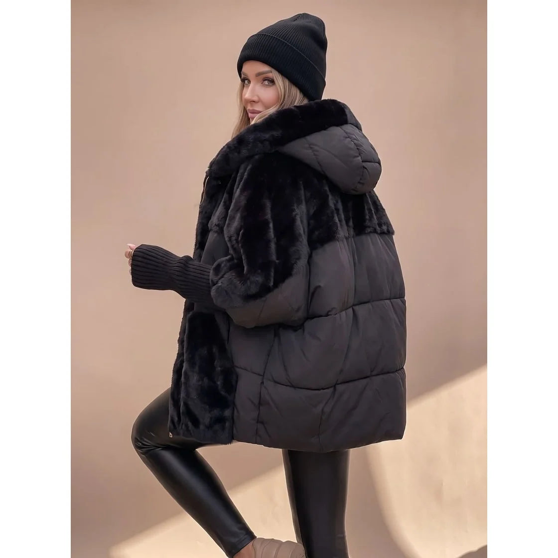 Women's Winter Coat Quilted Puffer Faux Fur Hood