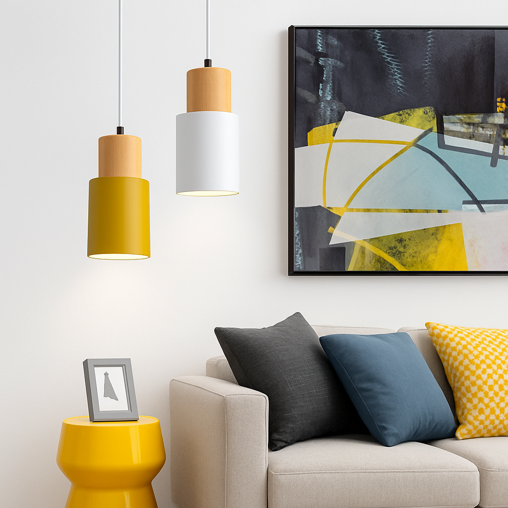 Wood & Aluminum Cylindrical Pendant Light (Adjustable Height)