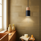 Wood & Aluminum Cylindrical Pendant Light (Adjustable Height)