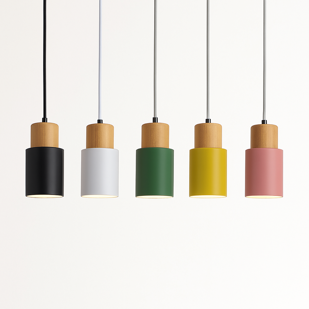 Wood & Aluminum Cylindrical Pendant Light (Adjustable Height)