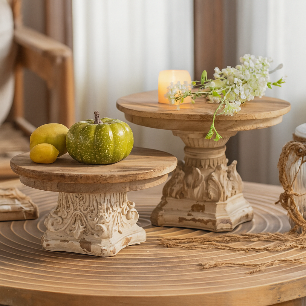 Wood Pedestal Stand Hand-Carved Top & Distressed Finish