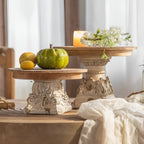 Wood Pedestal Stand Hand-Carved Top & Distressed Finish
