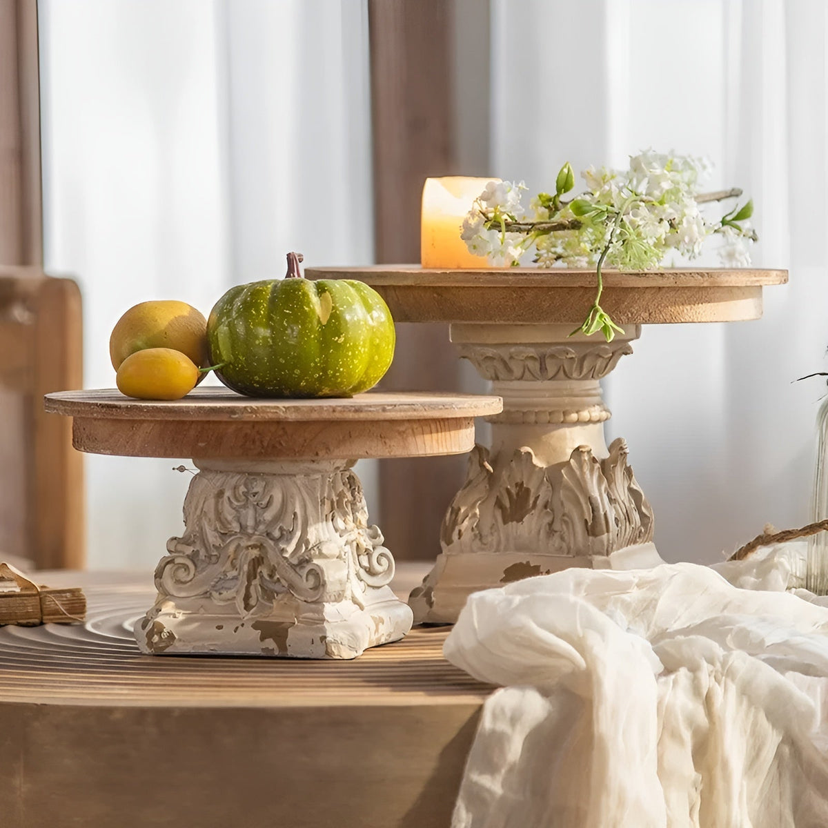 Wood Pedestal Stand Hand-Carved Top & Distressed Finish