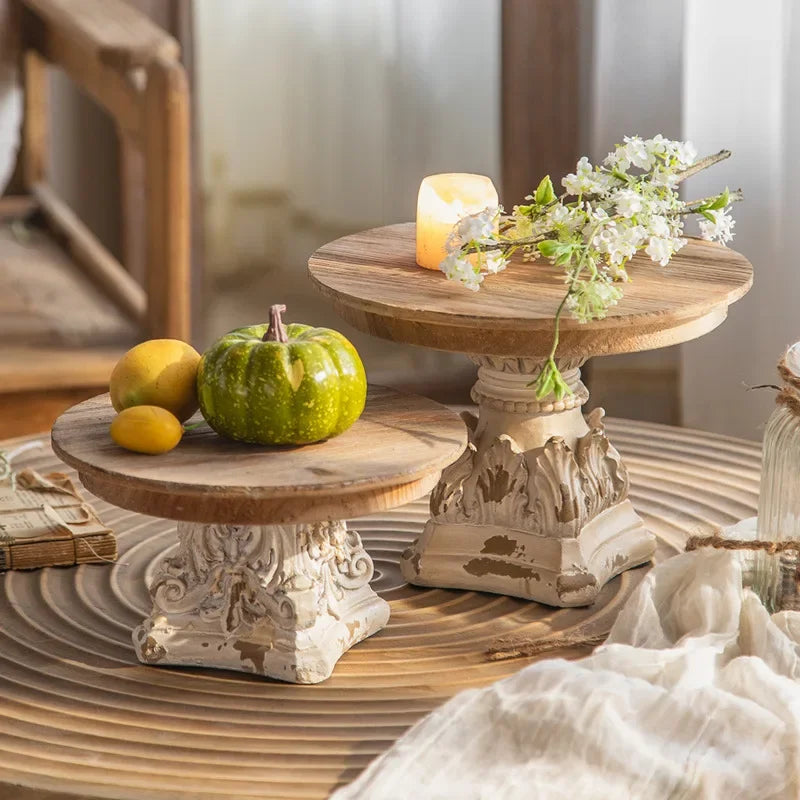 Wood Pedestal Stand Hand-Carved Top & Distressed Finish