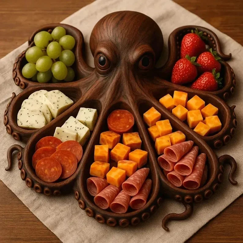 Wood Serving Tray Hand-Carved Octopus Food-Safe Finish