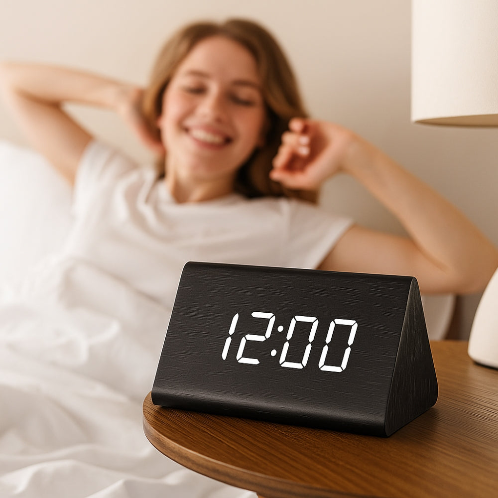 Wood-Textured HD LED Digital Alarm Clock (Triangle Design)