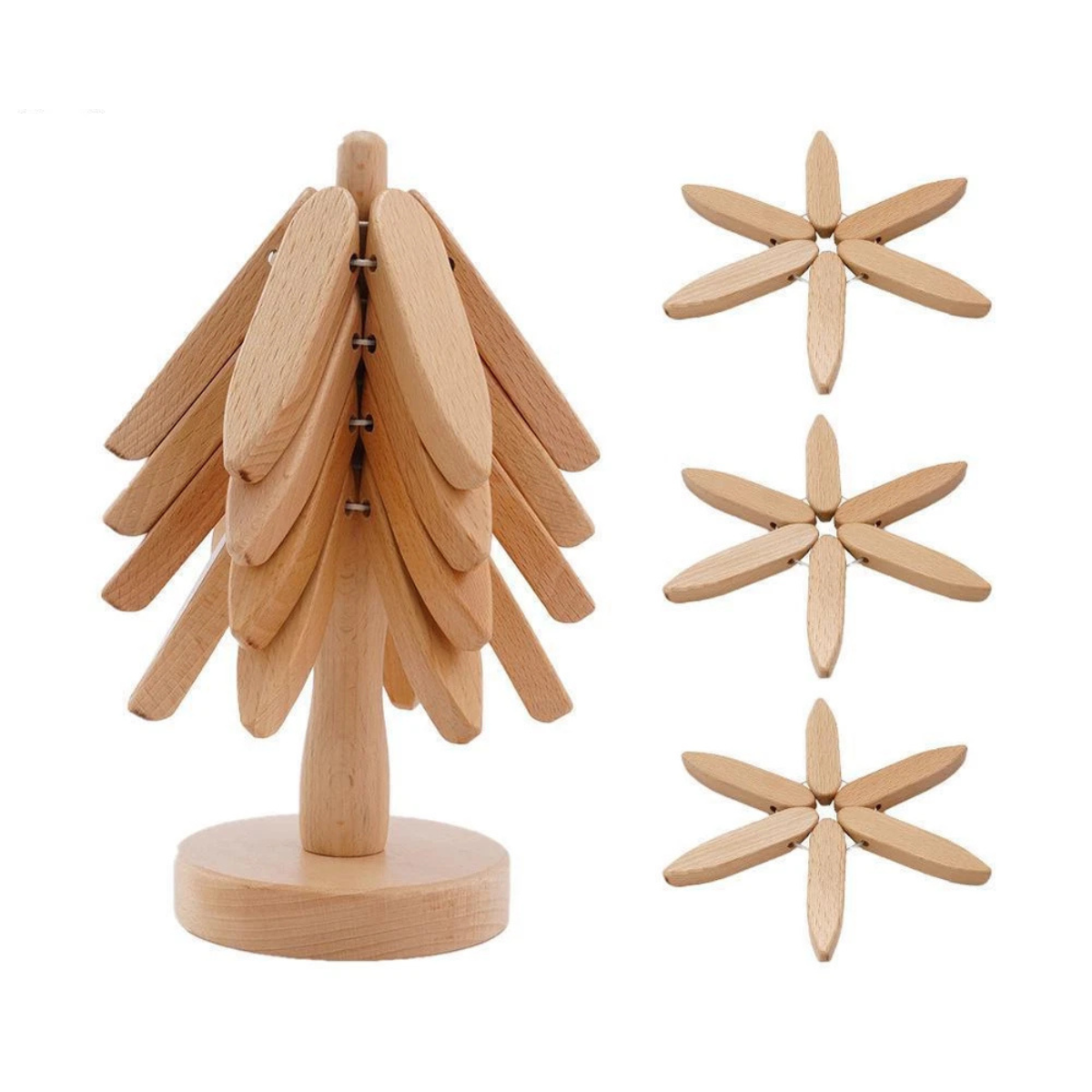Wood Trivet Hand-Carved Hardwood Set Of 3 With Holder