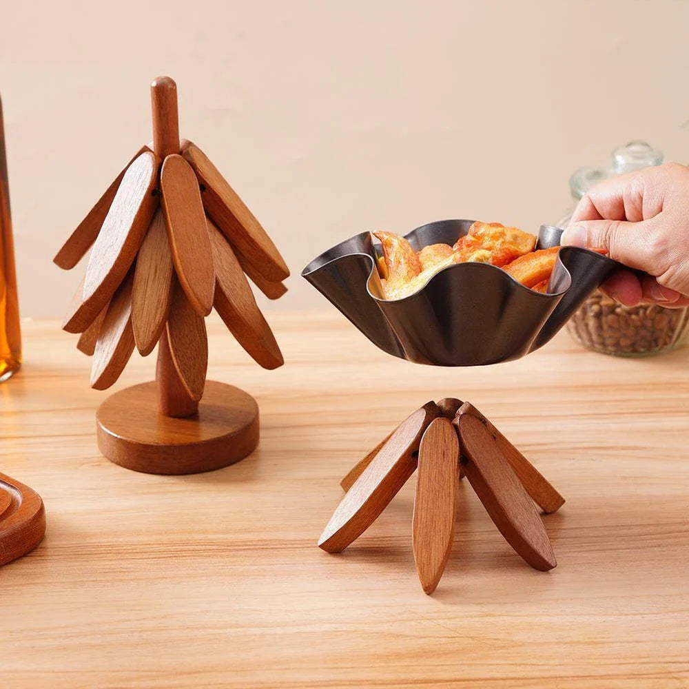 Wood Trivet Hand-Carved Hardwood Set Of 3 With Holder