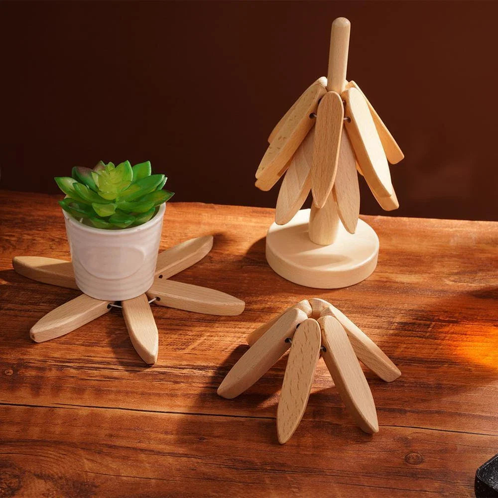 Wood Trivet Hand-Carved Hardwood Set Of 3 With Holder