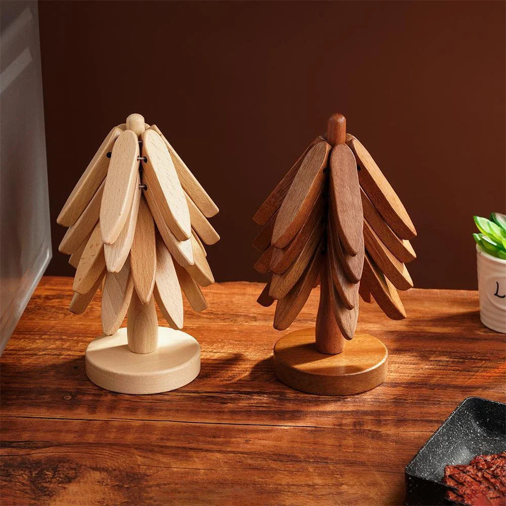 Wood Trivet Hand-Carved Hardwood Set Of 3 With Holder