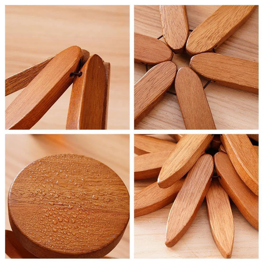 Wood Trivet Hand-Carved Hardwood Set Of 3 With Holder