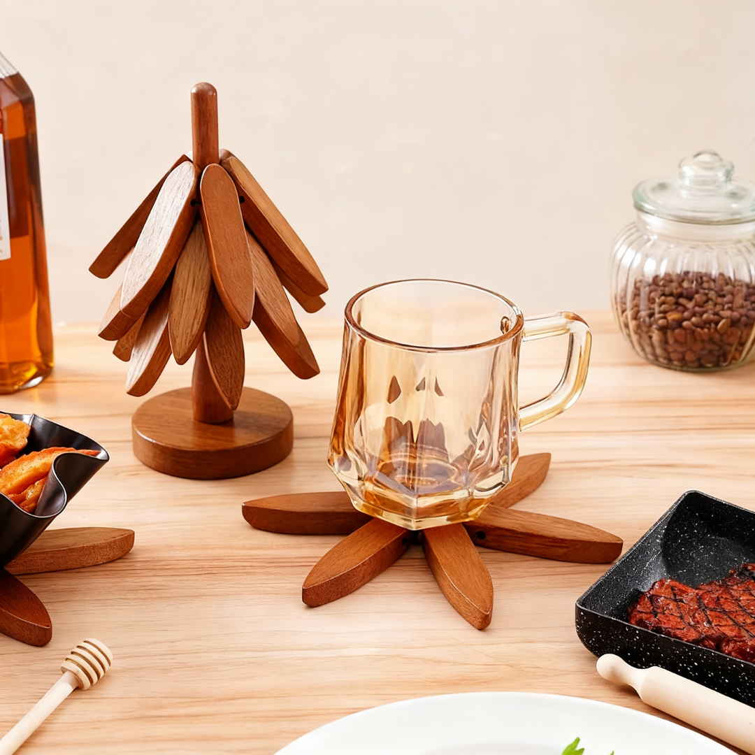 Wood Trivet Hand-Carved Hardwood Set Of 3 With Holder