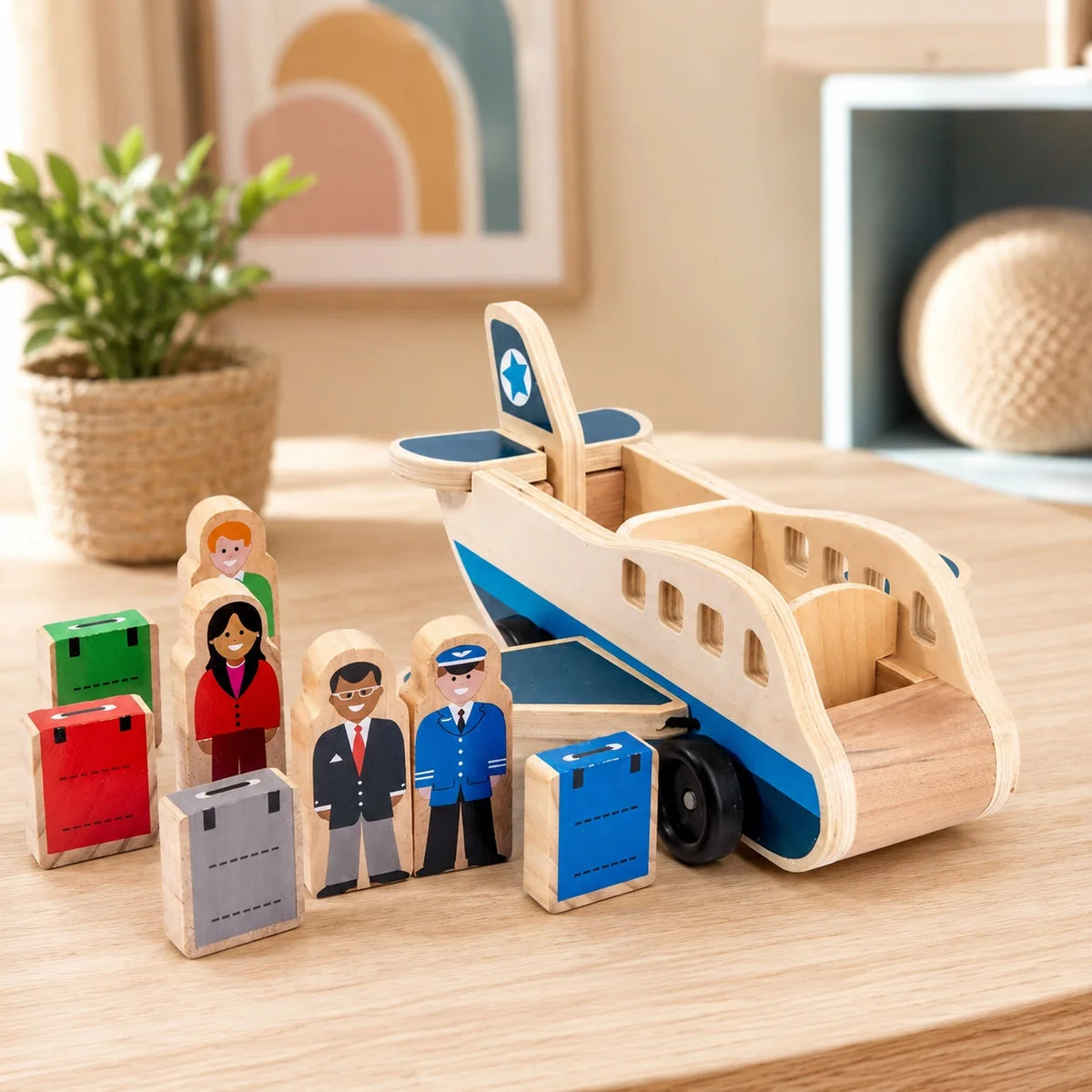 Wooden Airplane Toy Solid Wood Push-Pull With Pilot Figures