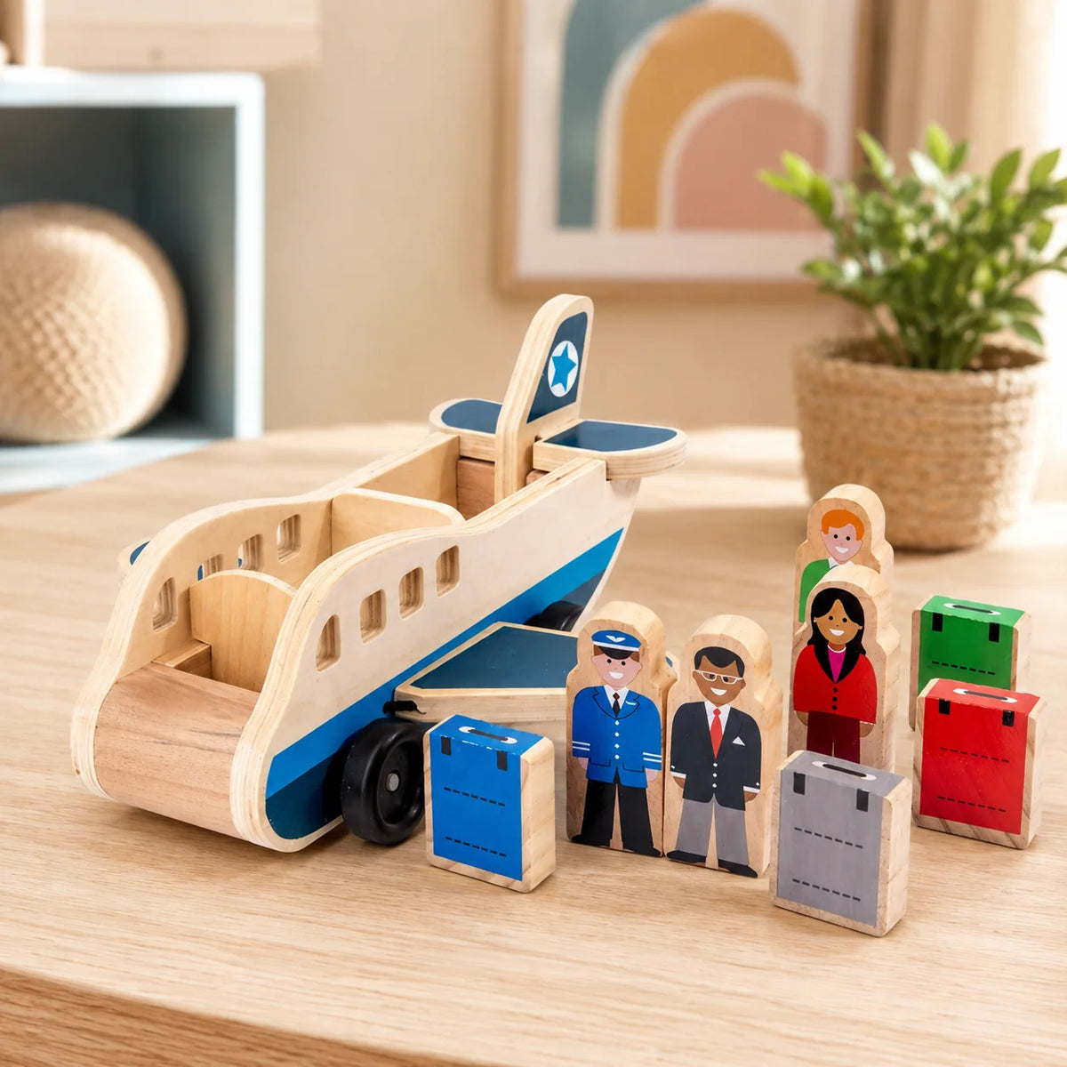 Wooden Airplane Toy Solid Wood Push-Pull With Pilot Figures