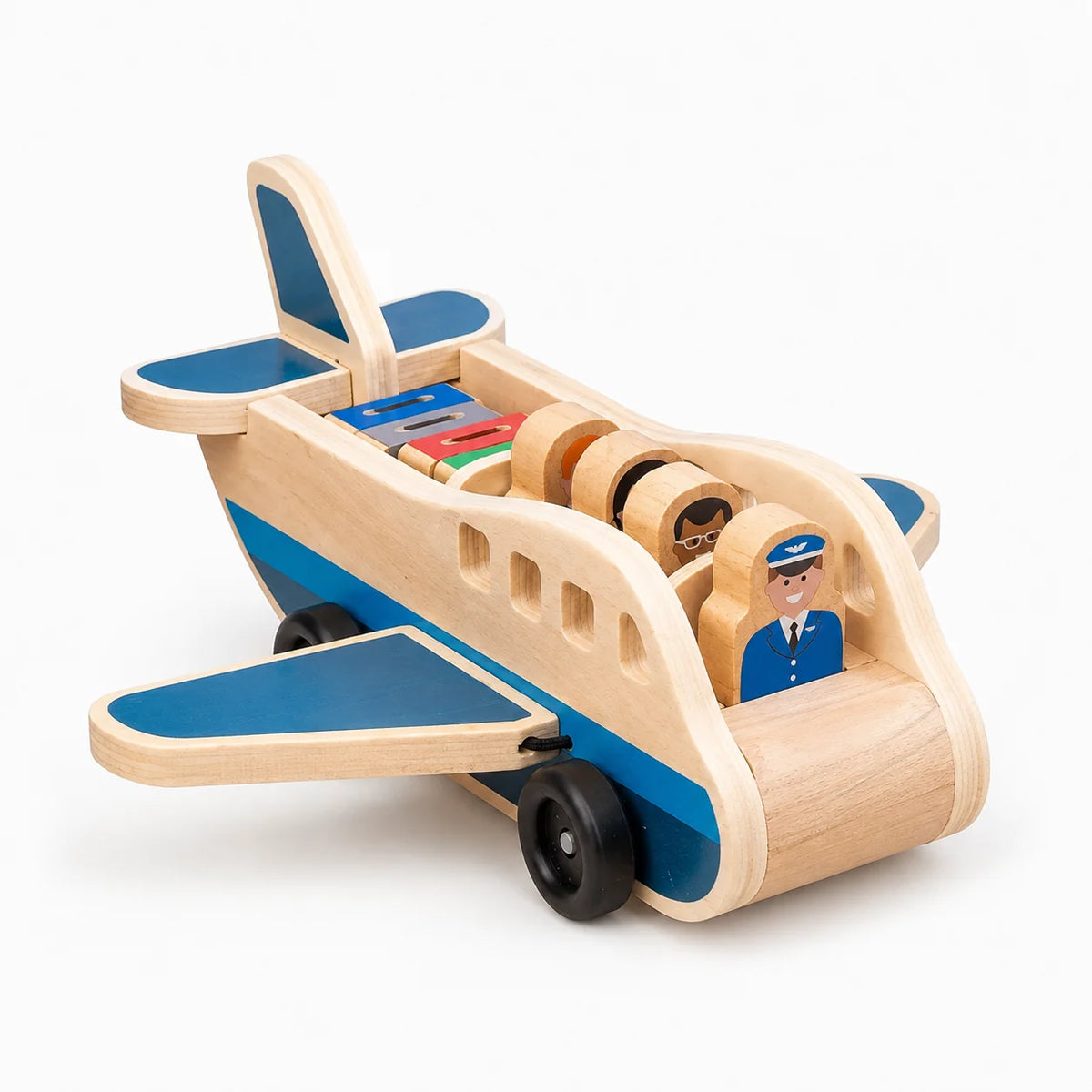 Wooden Airplane Toy Solid Wood Push-Pull With Pilot Figures