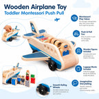 Wooden Airplane Toy Solid Wood Push-Pull With Pilot Figures