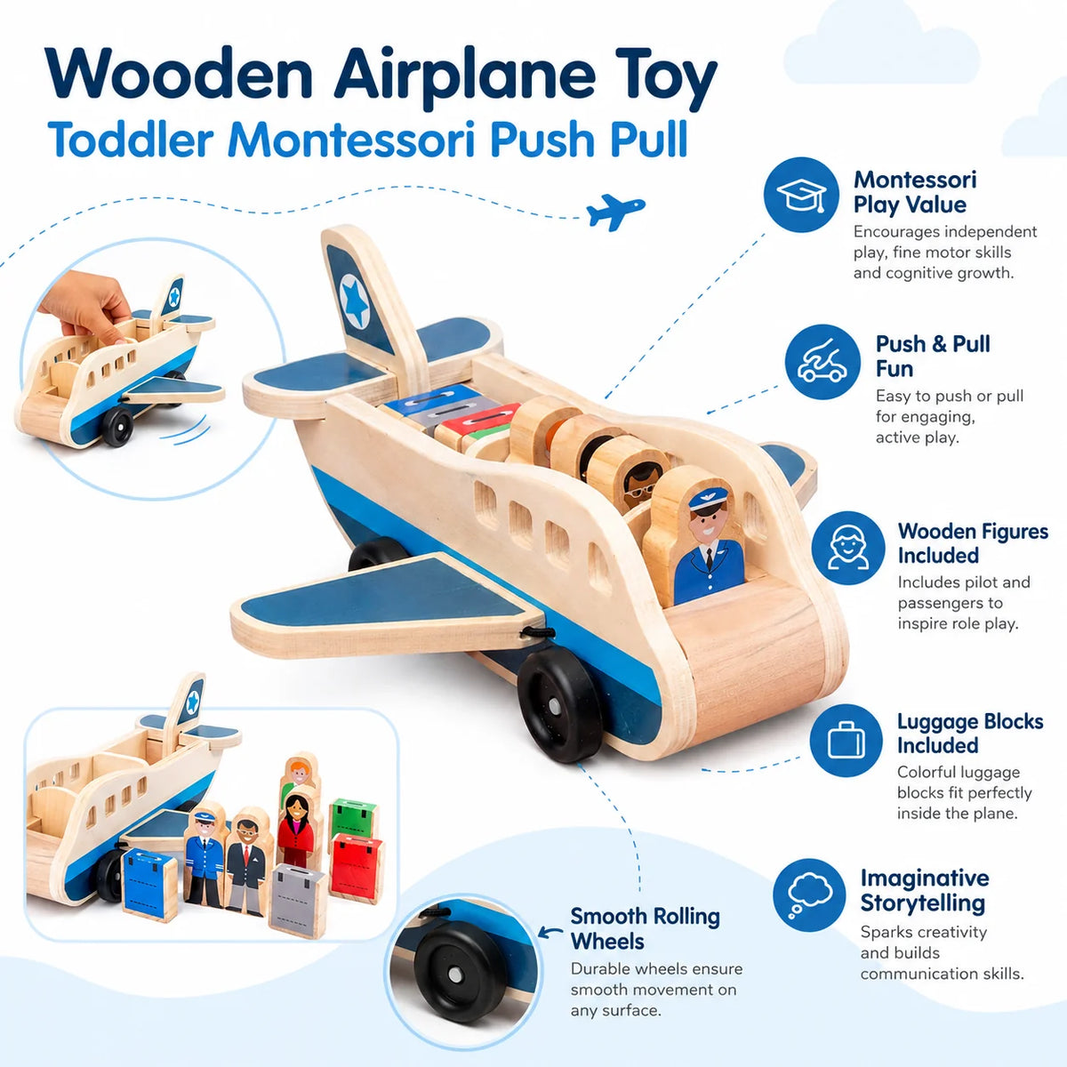 Wooden Airplane Toy Solid Wood Push-Pull With Pilot Figures