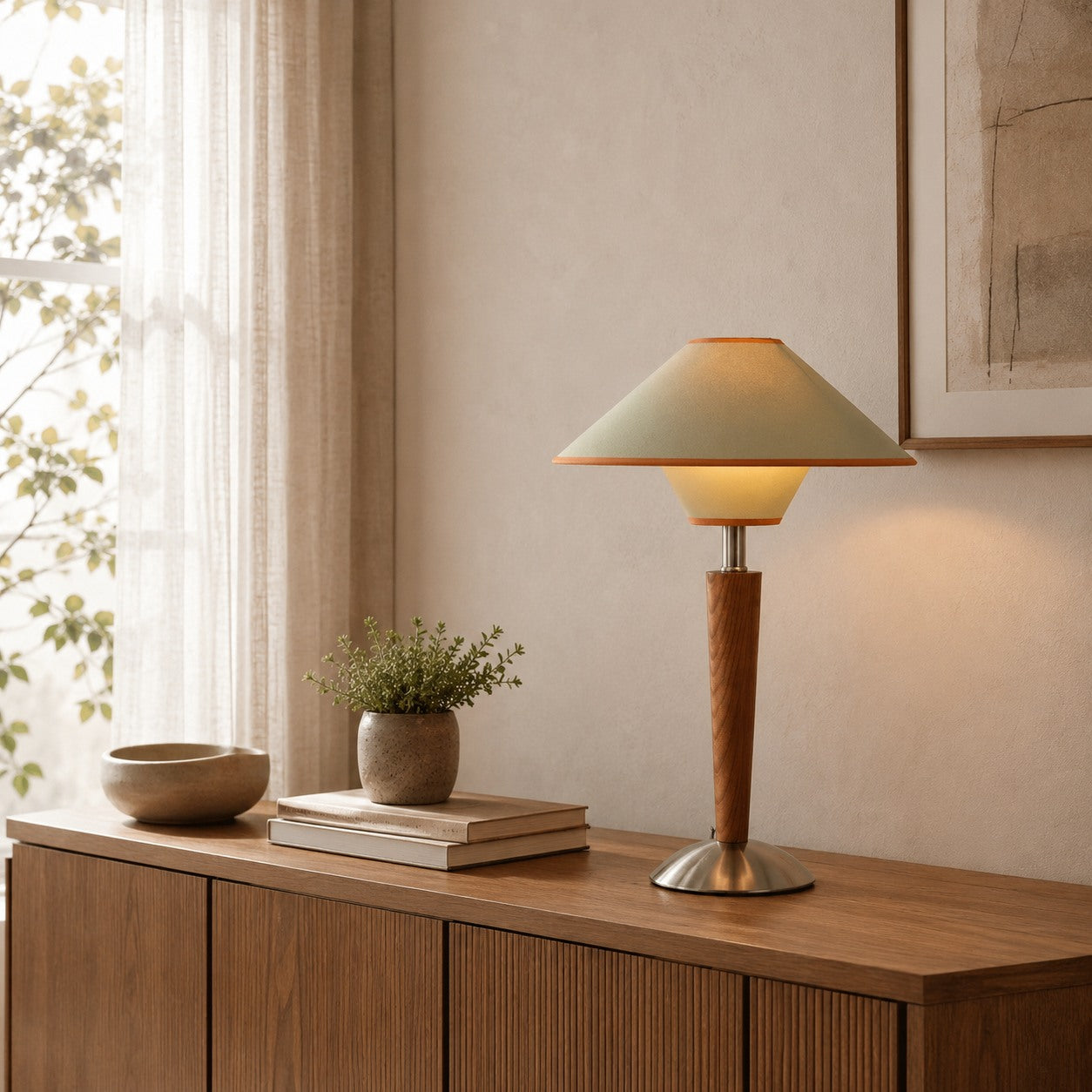 Wooden Base & Fabric Shade Plug-In Table Lamp