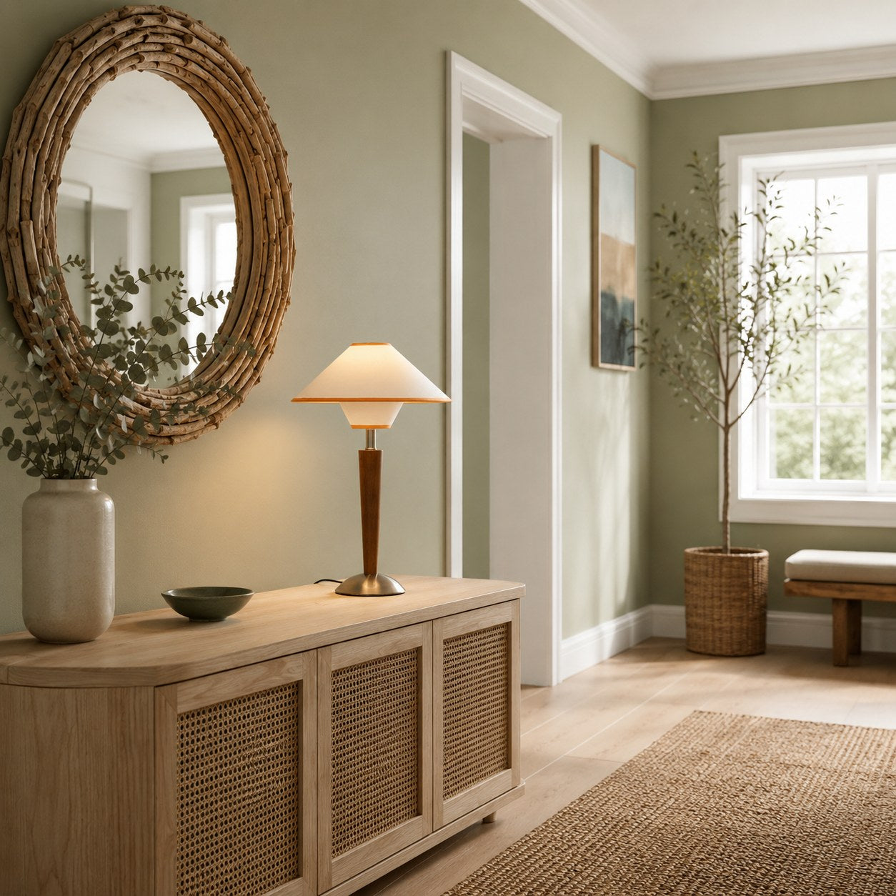 Wooden Base & Fabric Shade Plug-In Table Lamp