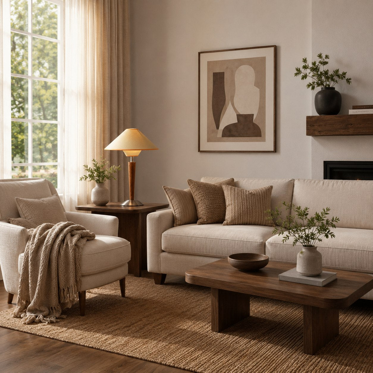 Wooden Base & Fabric Shade Plug-In Table Lamp