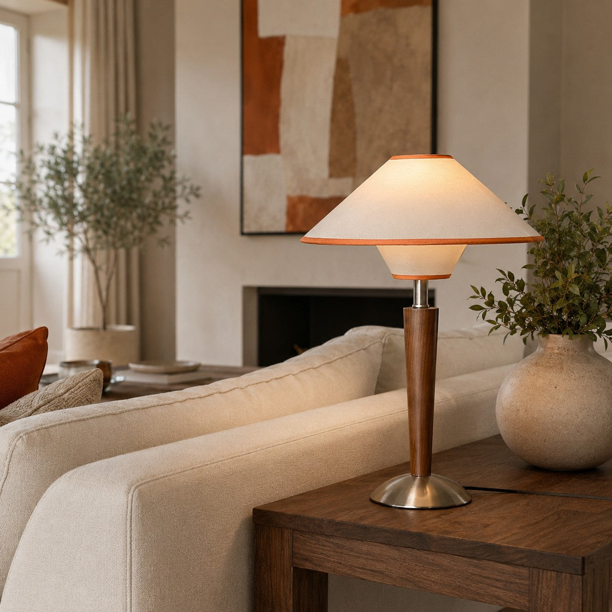 Wooden Base & Fabric Shade Plug-In Table Lamp