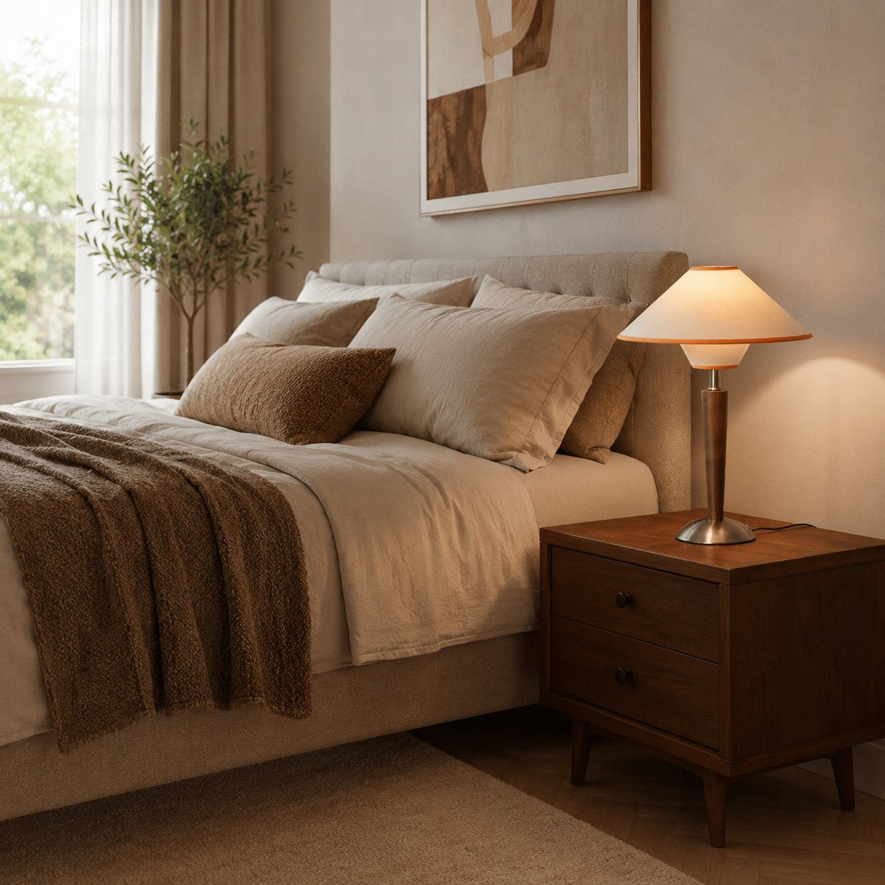 Wooden Base & Fabric Shade Plug-In Table Lamp