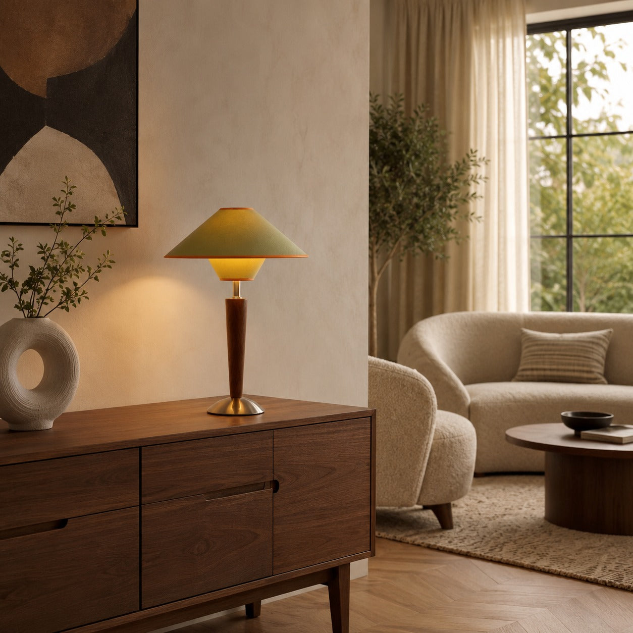 Wooden Base & Fabric Shade Plug-In Table Lamp