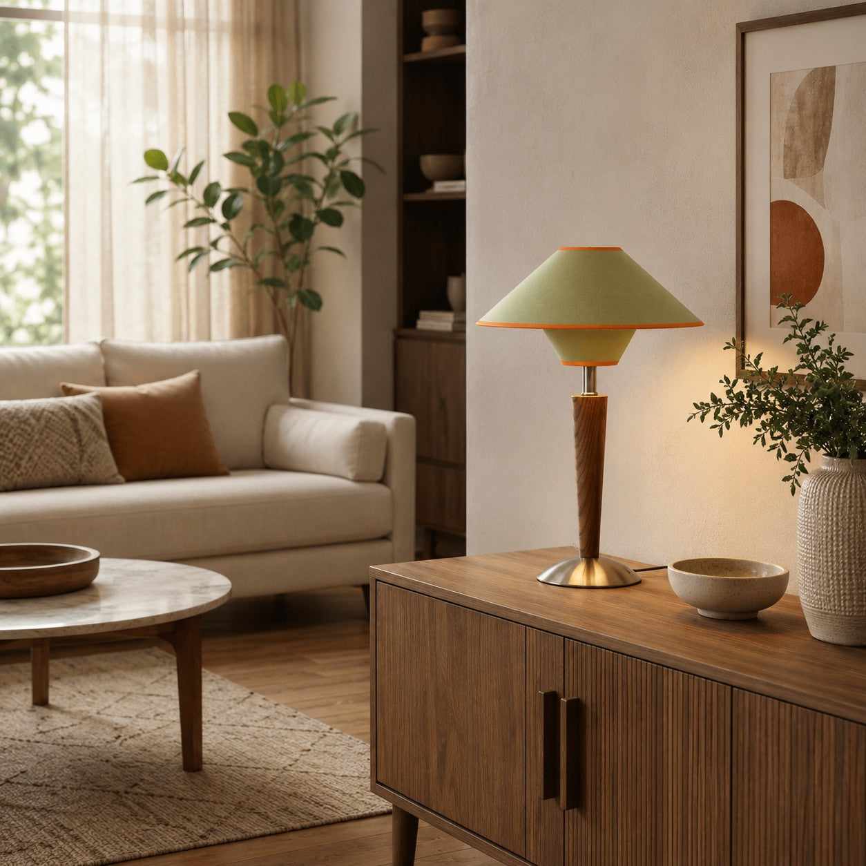 Wooden Base & Fabric Shade Plug-In Table Lamp