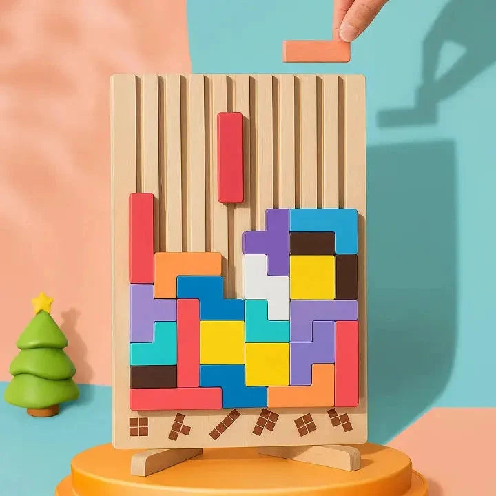Wooden Block Puzzle Upright Stand 40+ Colorful Blocks