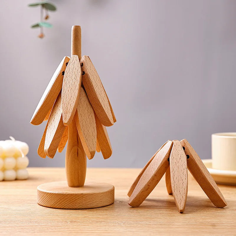 Wooden Coasters Tree-Shaped Holder Set of 3