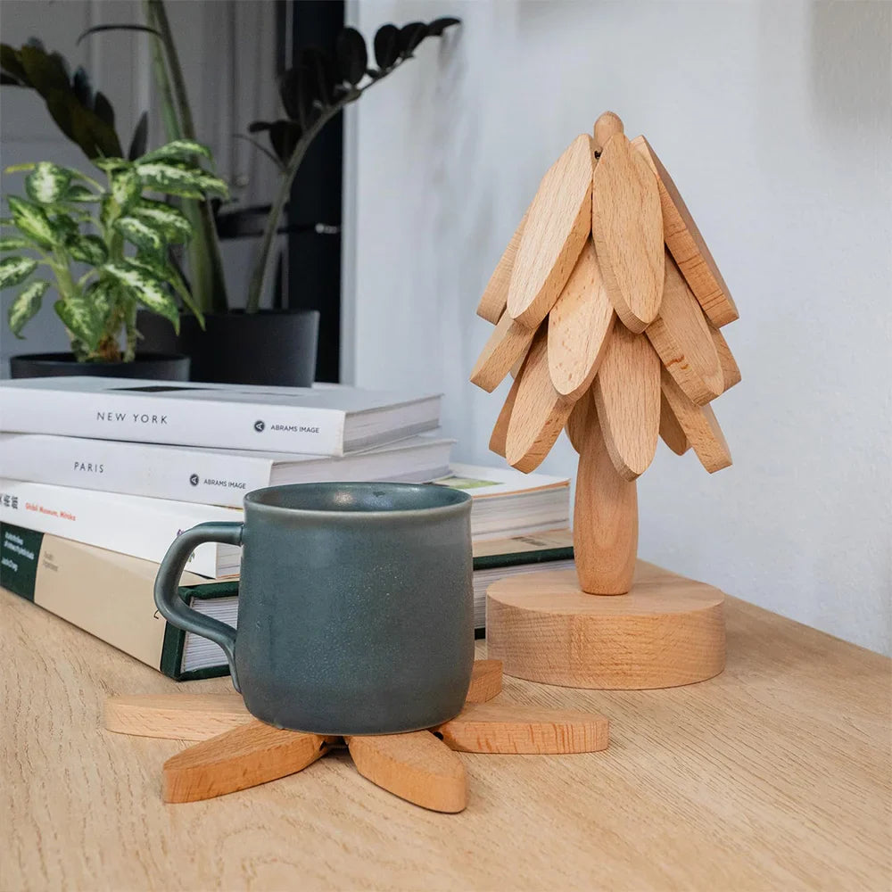 Wooden Coasters Tree-Shaped Holder Set of 3