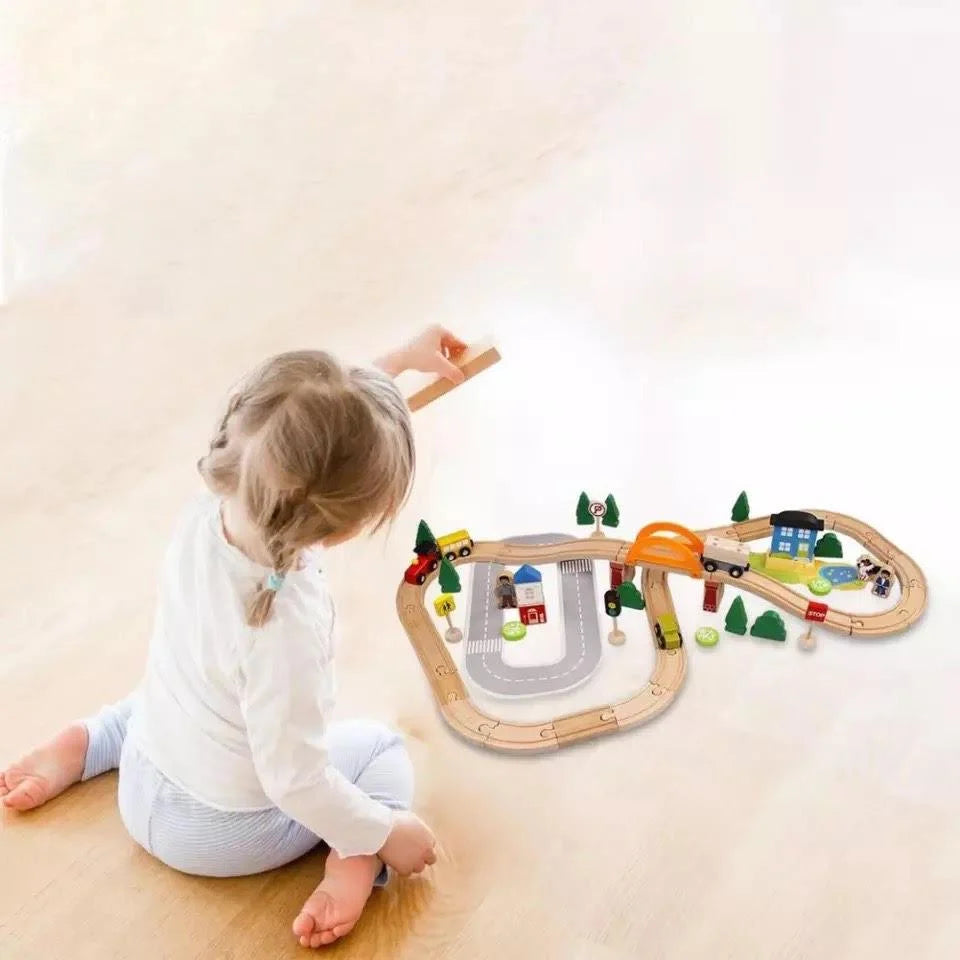 Wooden Train Set 78-Piece Solid Wood & Storage Box