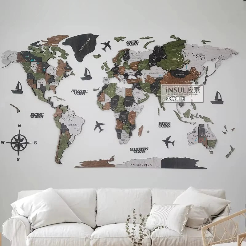 Wooden World Map Wall Art Multi-Layer Engraved