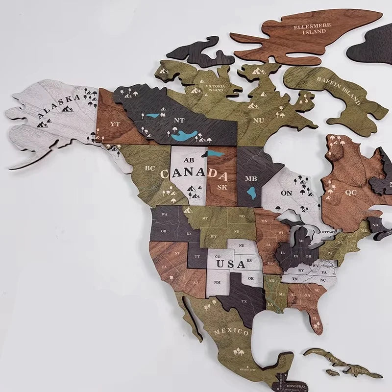 Wooden World Map Wall Art Multi-Layer Engraved