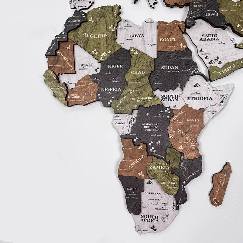 Wooden World Map Wall Art Multi-Layer Engraved
