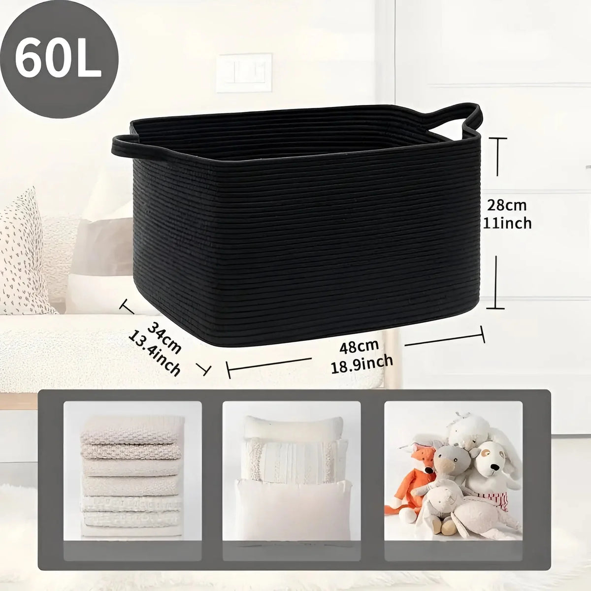 Woven Cotton Basket Sturdy Handles & Stable Base
