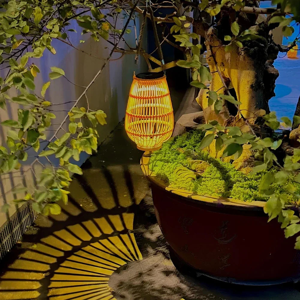 Woven Lantern Solar-Powered USB-C Rechargeable Dusk-To-Dawn Sensor
