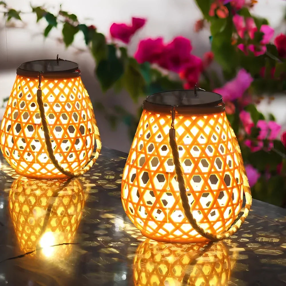 Woven Lantern Solar-Powered USB-C Rechargeable Dusk-To-Dawn Sensor