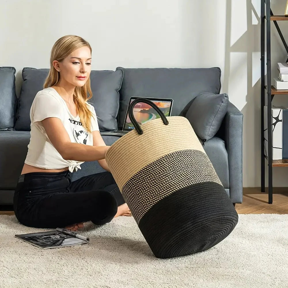 Woven Laundry Basket Braided Cotton Foldable 58L