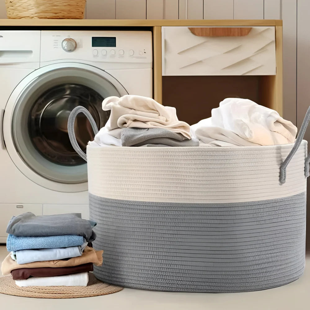 Woven Storage Basket Polyester Machine Washable Sturdy Handles
