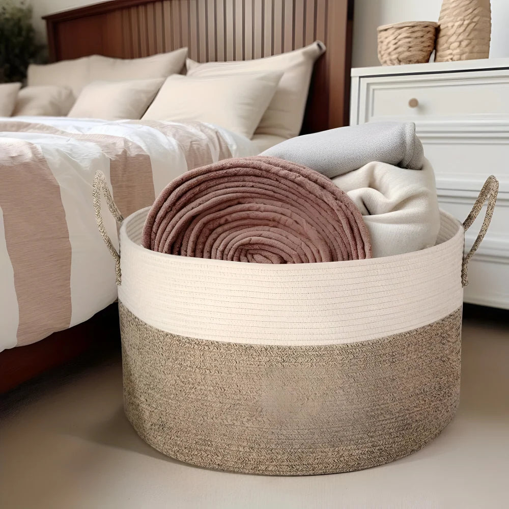 Woven Storage Basket Polyester Machine Washable Sturdy Handles