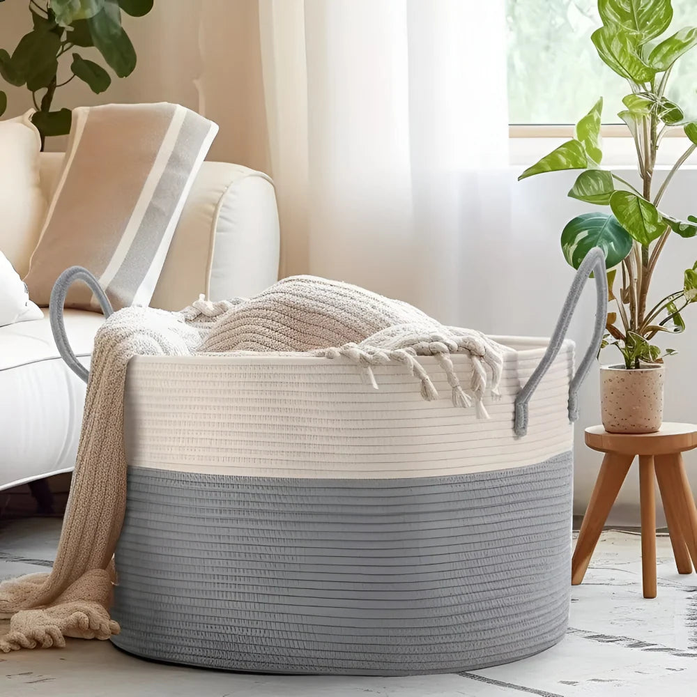 Woven Storage Basket Polyester Machine Washable Sturdy Handles