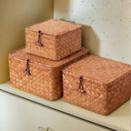 Woven Storage Basket Seagrass Hinged Lid & Wooden Lever Lock