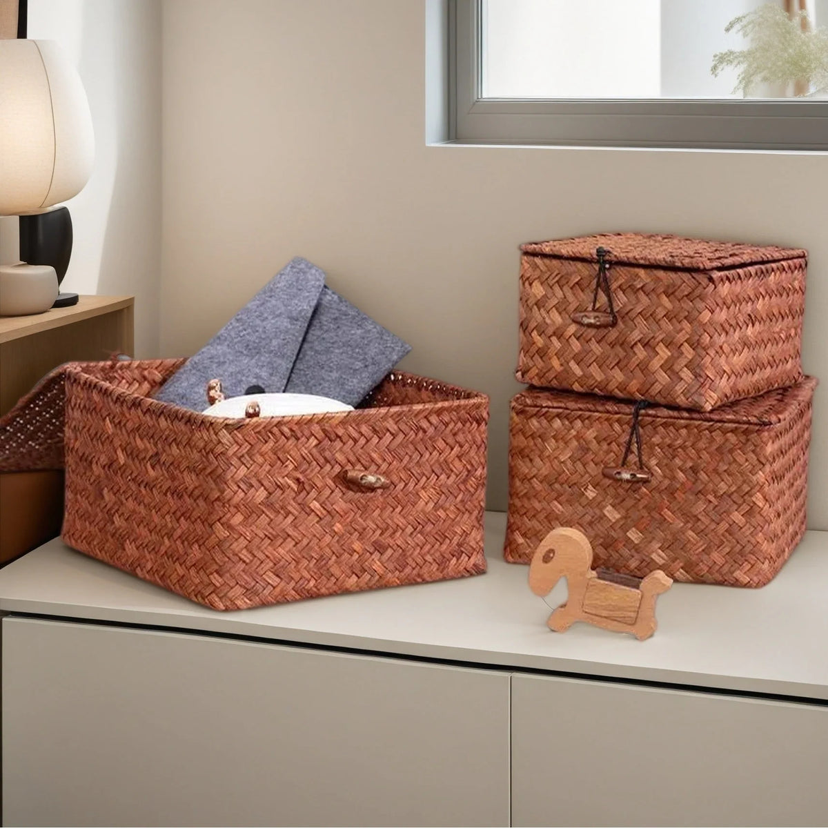 Woven Storage Basket Seagrass Hinged Lid & Wooden Lever Lock