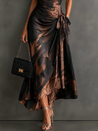 Wrap Midi Dress Abstract Print Tie Waist Ruffled Hem