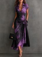 Wrap Midi Dress Abstract Print Tie Waist Ruffled Hem