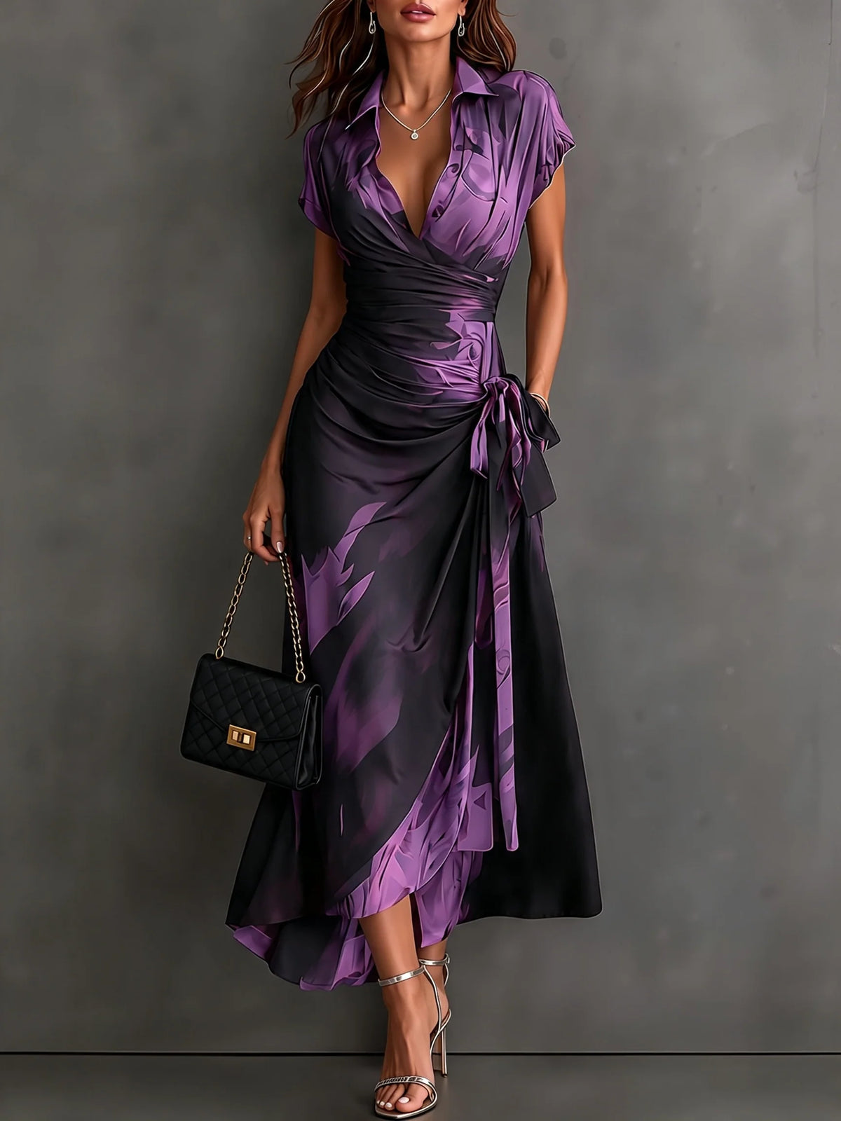 Wrap Midi Dress Abstract Print Tie Waist Ruffled Hem
